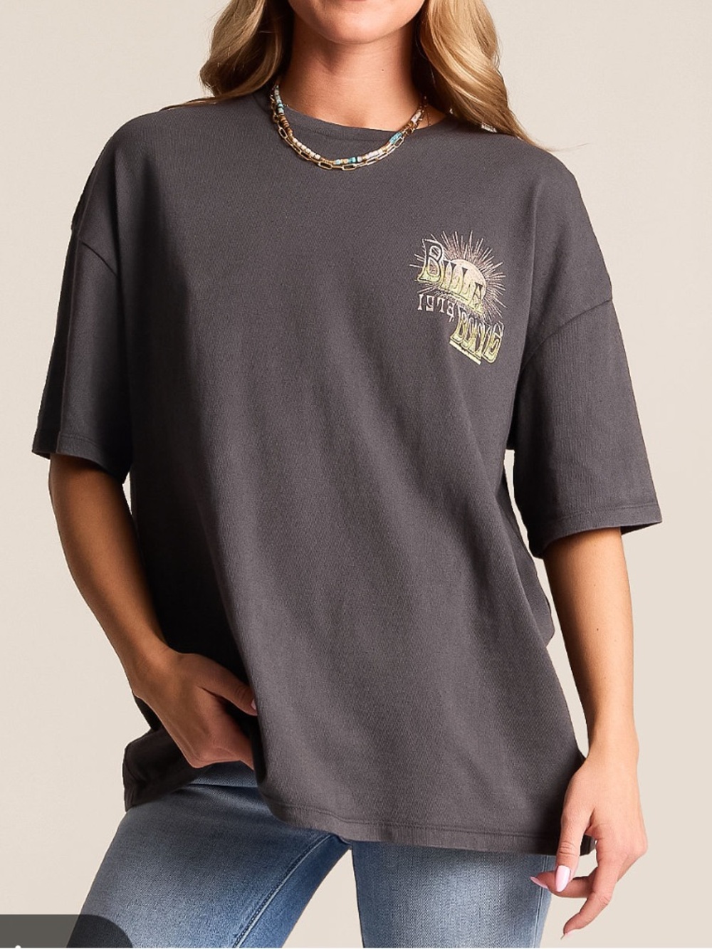 Billabong Womens Sun Chasing Oversized Graphic Charcoal Soft T Shirt, Size Small